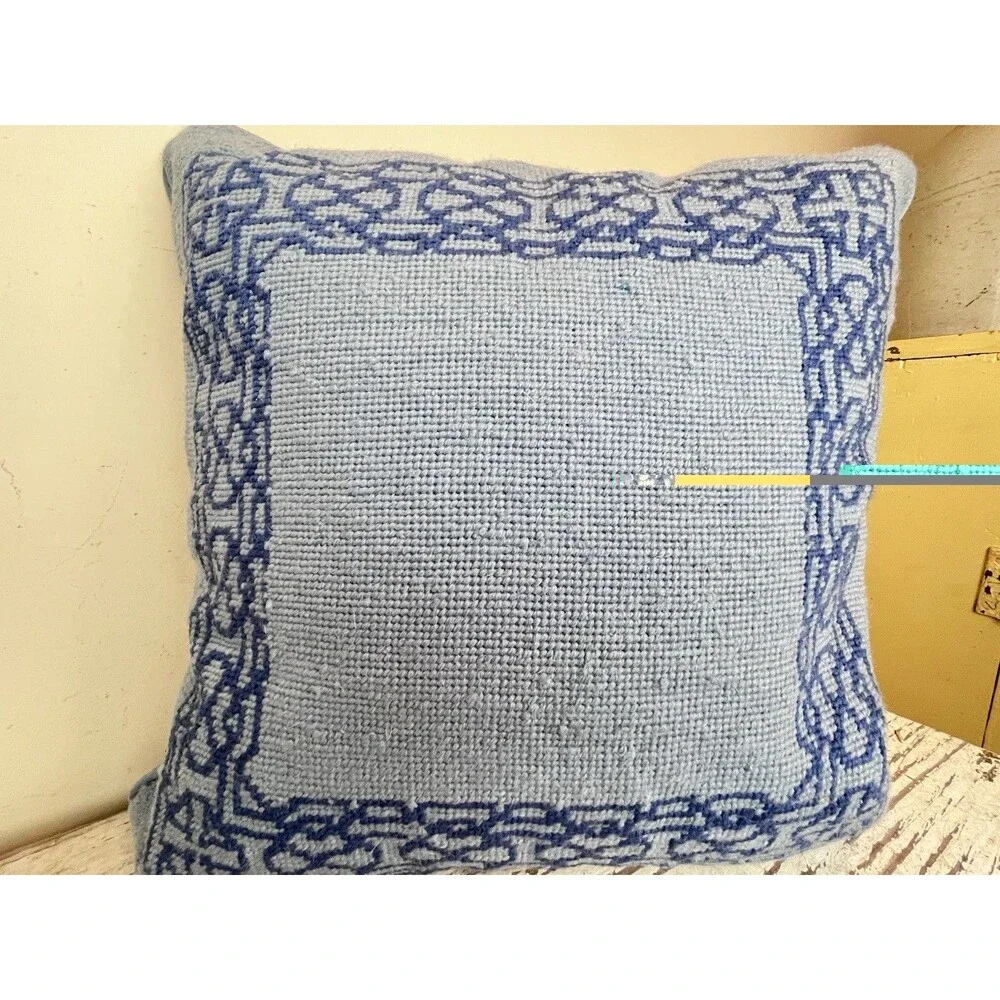 Vintage Blue On Blue Woven Nordic Border Pattern Needlepoint Throw Pillow 15”